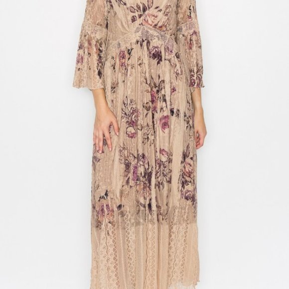 NEW ORIGAMI all lace lined MAXI DRESS western hippie gypsy SM-3X roses MAGNOLIA - Picture 6 of 6